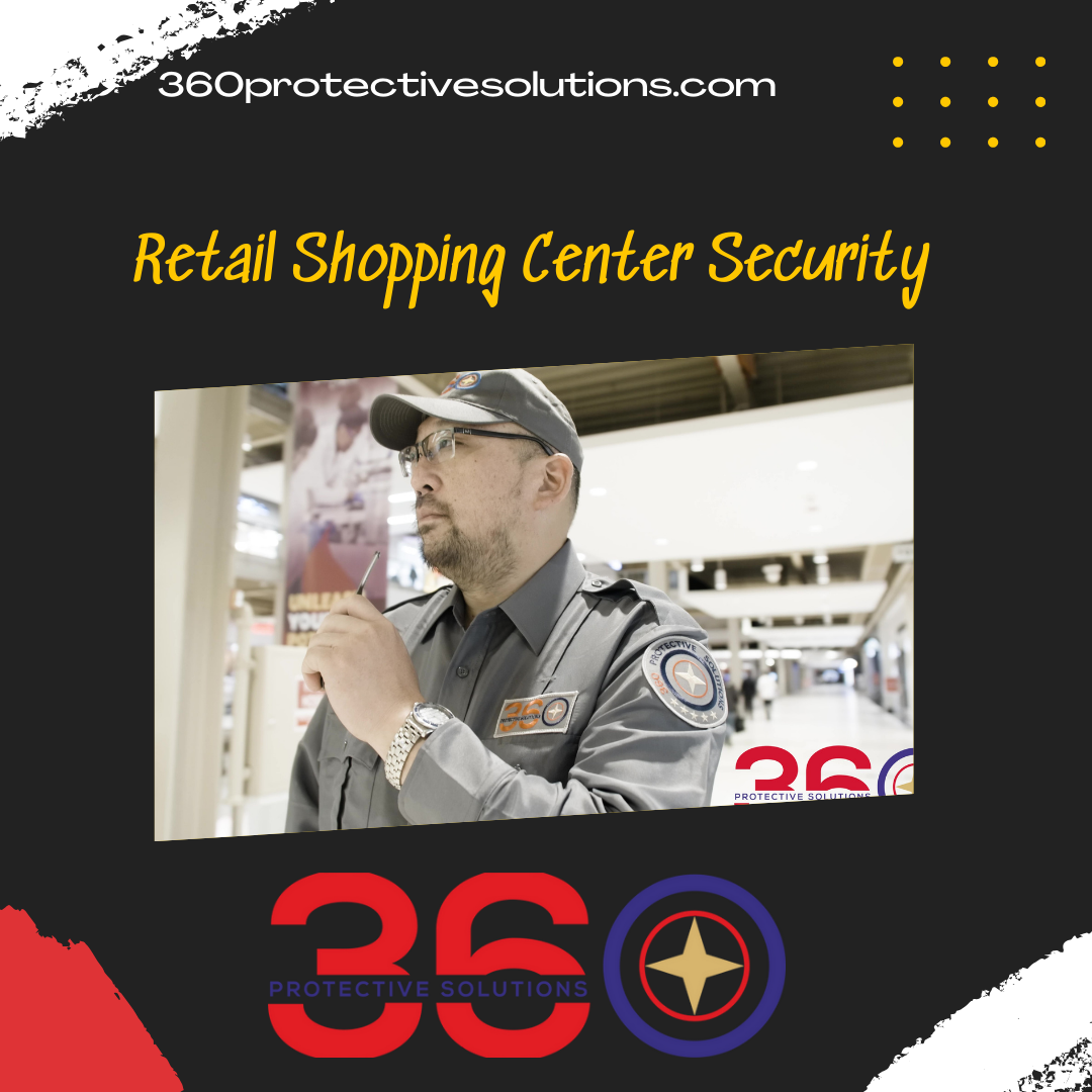 Illustration showing a secure retail shopping center security with 360 Protective Solutions logo.