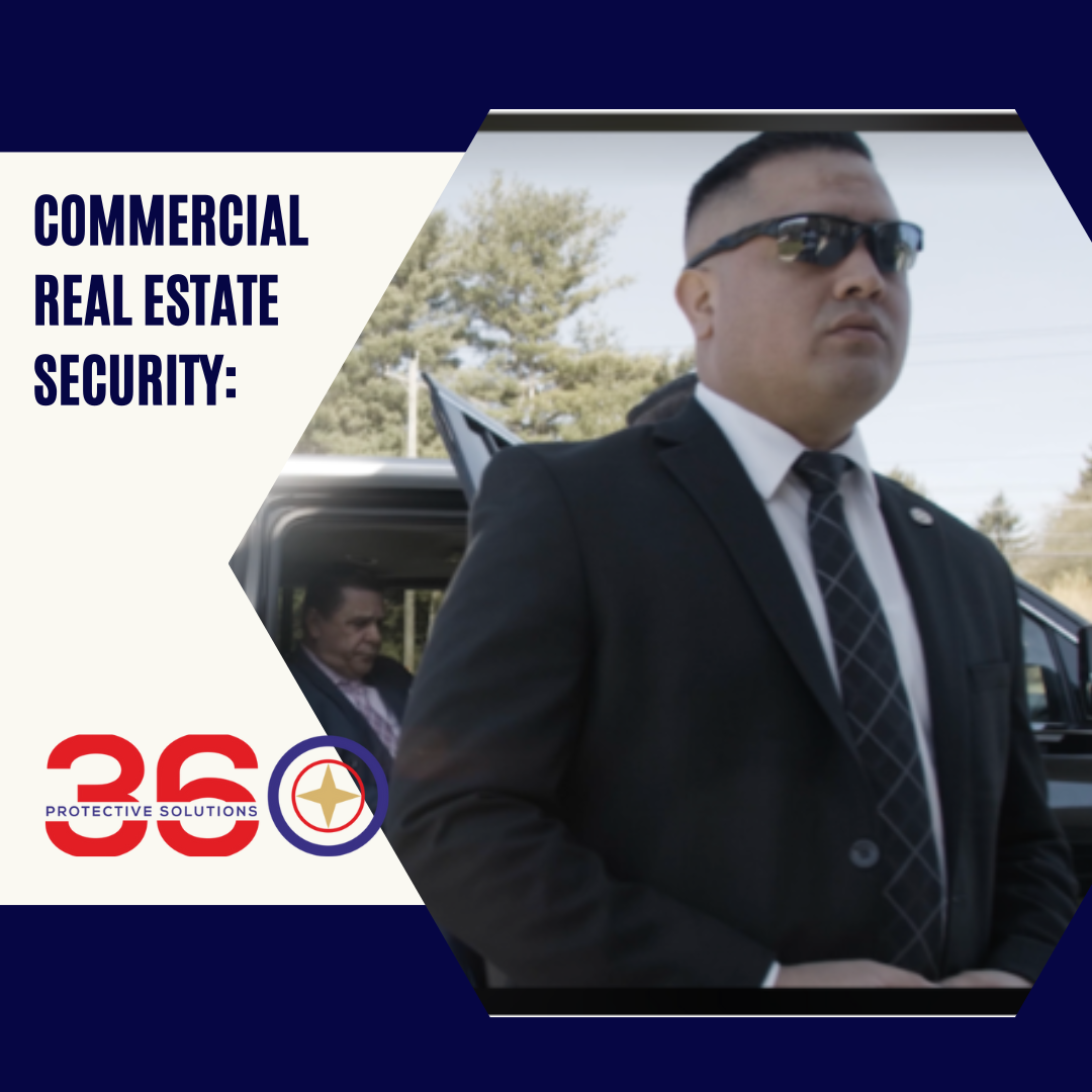 360 Protective Solutions logo on a commercial building background showcasing specialized security services.
